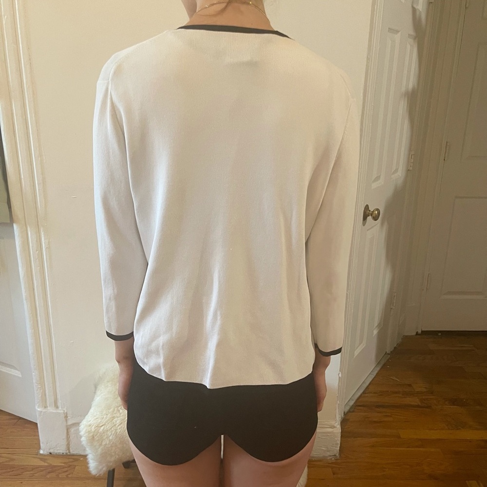 Vintage Shego’s White + Black Trim 3/4 Sleeve V Neck Cardigan Sweater Fit S M L - Picture 6 of 16